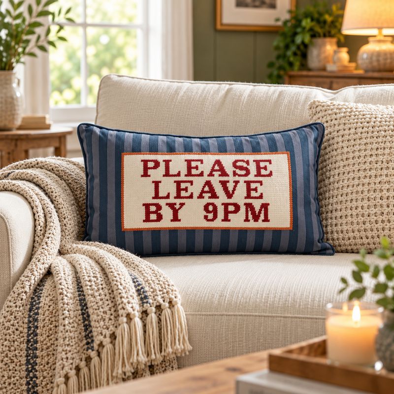 Please Leave By 9PM Cushion Funny Slogan Navy Blue Striped Scatter Pillow 50x30cm