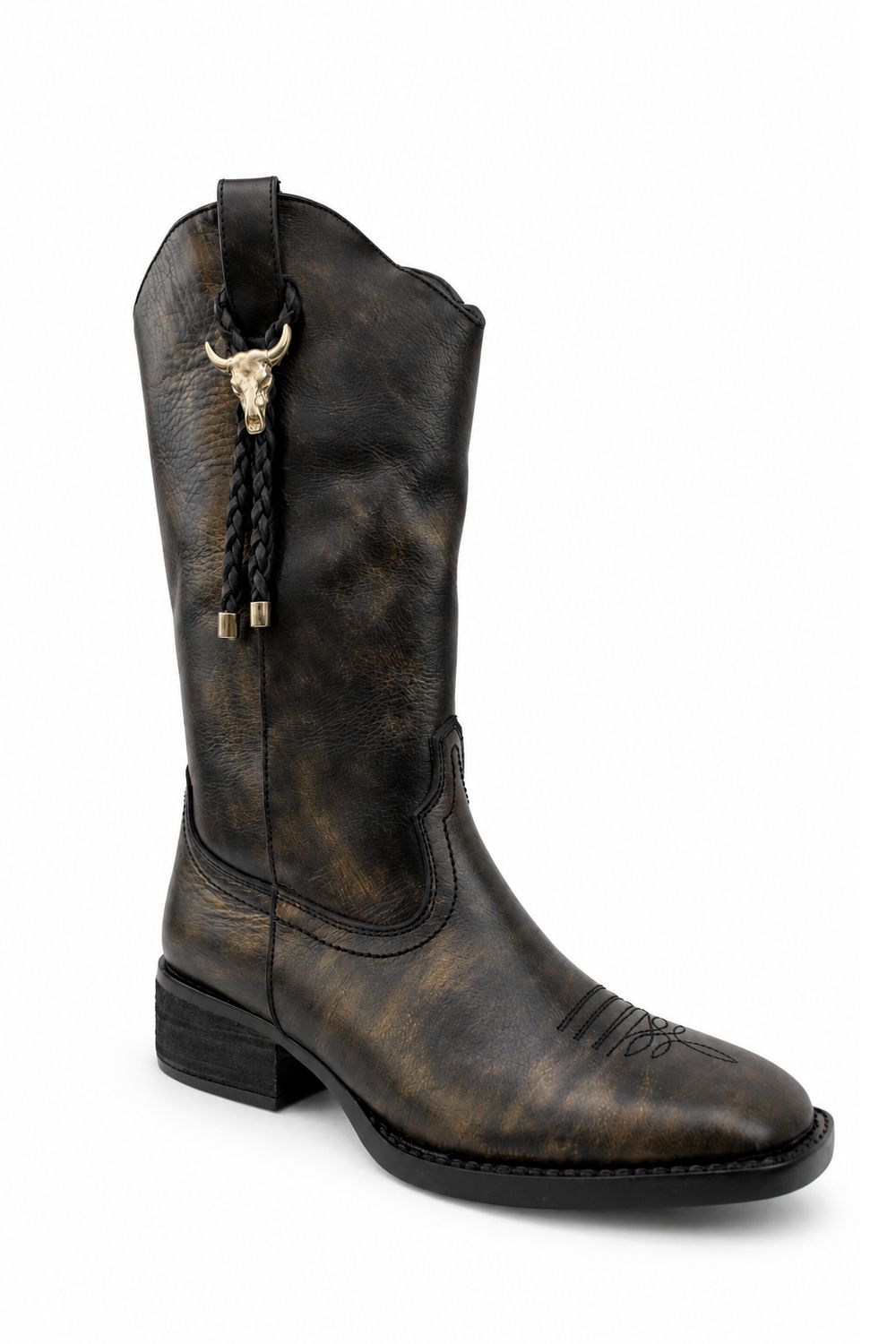 Bota Vaquera Dama Piedra Angular 8410 Piel Bronce Negro