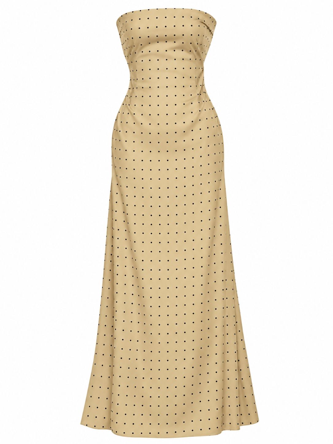 Vestido Largo Merlot Strapless Beige con Lunares Negros y Moño para Dama