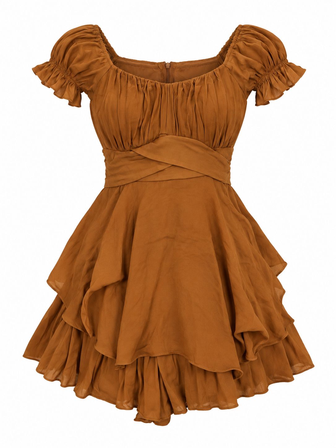 Vestido Corto Merlot Dama Color Camel con Olanes y Manga Abullonada