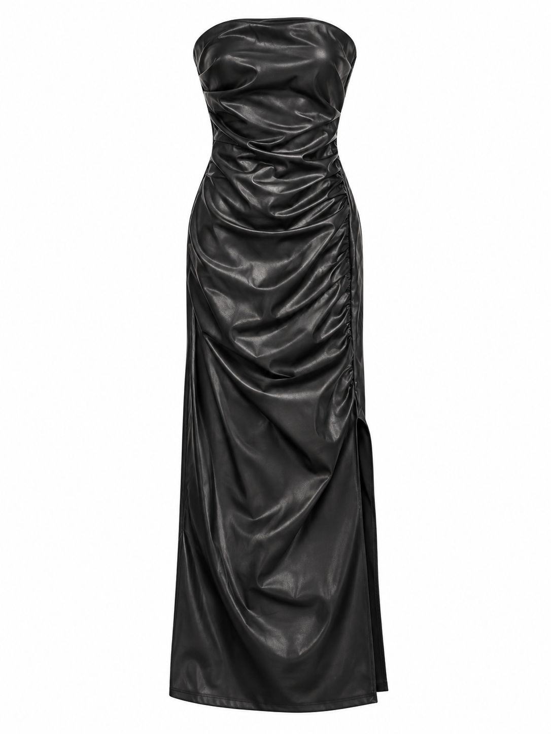 Vestido Largo Merlot Negro Strapless Efecto Piel Abertura