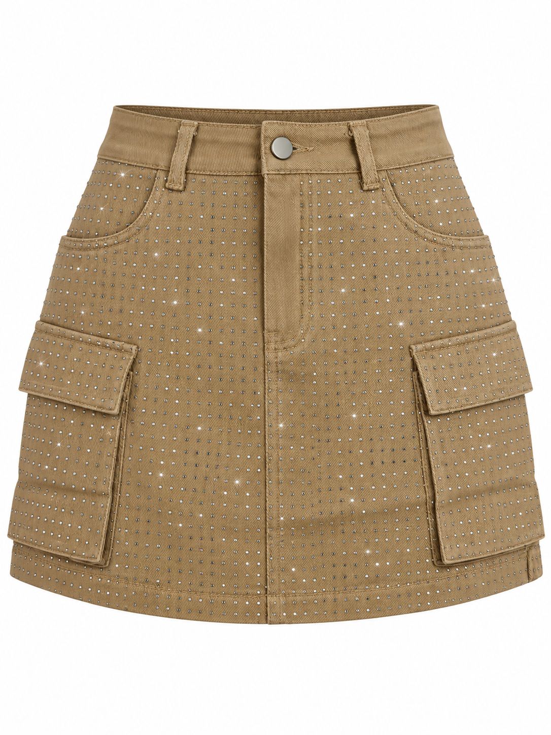 Falda Corta Merlot Cargo Beige Dama Con Pedrería Brillante