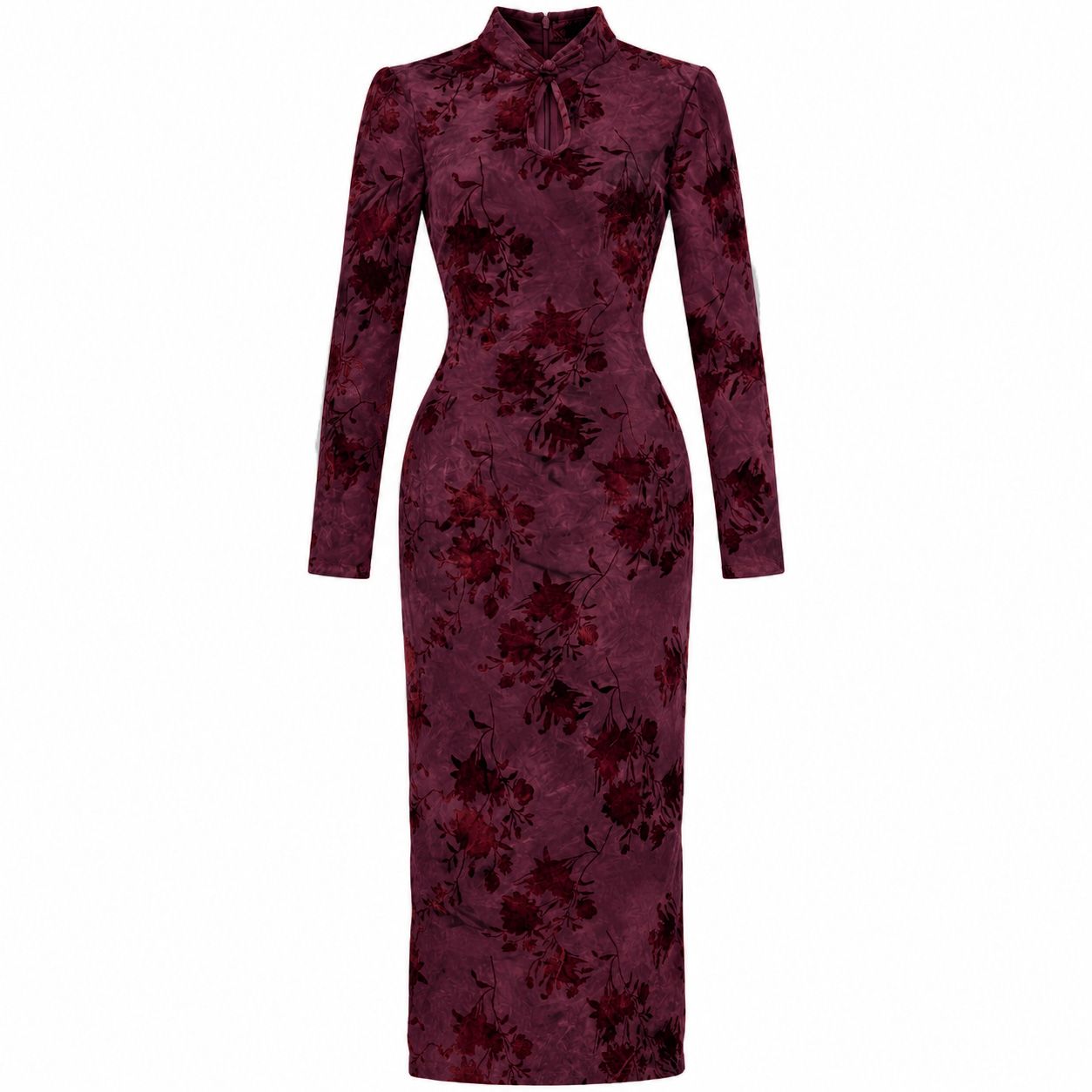 ​Vestido Largo Vino con Diseño Floral