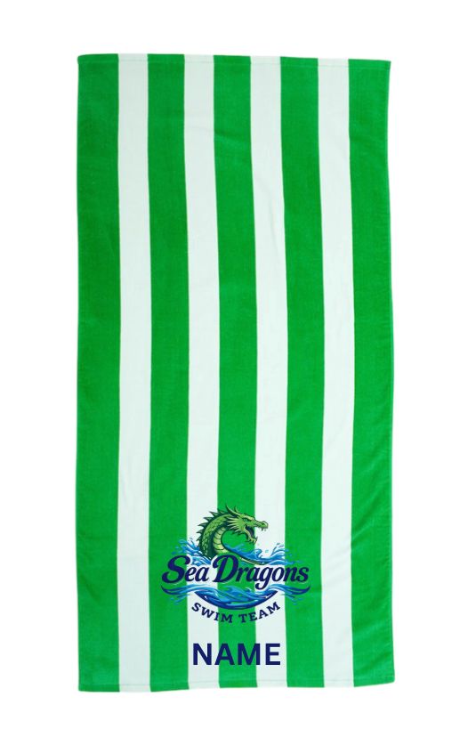 Magnolia Green Sea Dragons Embroidered Beach Towel- Kelly Stripe