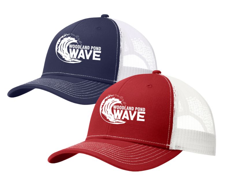 Woodland Pond Wave Embroidered Snapback Trucker Cap Hat- Red/White or Navy/White Woodland Pond Wave Embroidered Snapback Trucker Cap Hat- Red/White or Navy/White