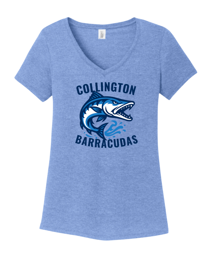 Collington Barracudas Ladies V-Neck Tee - TEAM Logo - White or Maritime Blue - Adult