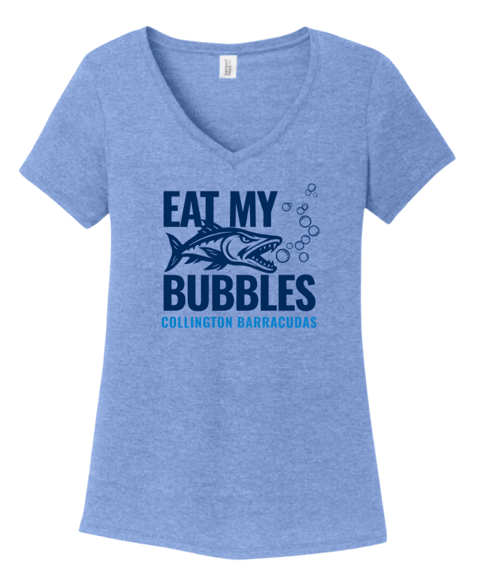 Collington Barracudas Ladies V-Neck Tee - EAT My BUBBLES Logo- White or Maritime Blue - Adult