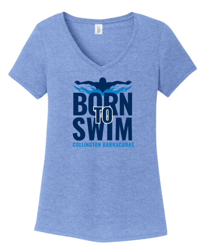 Collington Barracudas Ladies V-Neck Tee - BORN to SWIM Logo- White or Maritime Blue - Adult