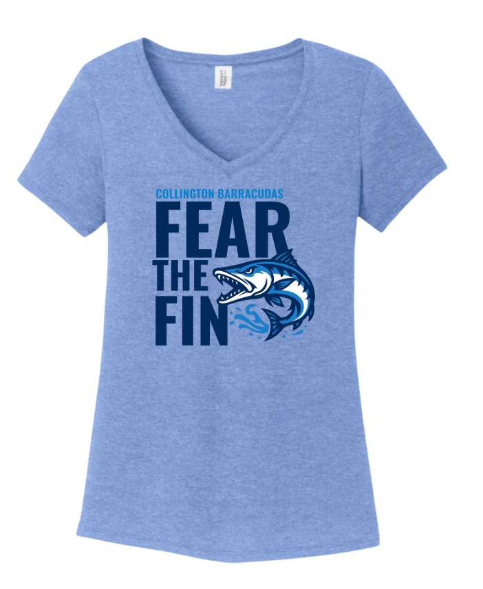 Collington Barracudas Ladies V-Neck Tee - FEAR the FIN Logo- White or Maritime Blue - Adult