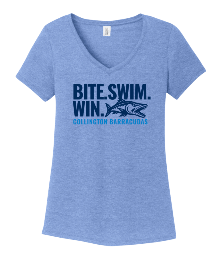Collington Barracudas Ladies V-Neck Tee - BITE SWIM WIN Logo- White or Maritime Blue - Adult