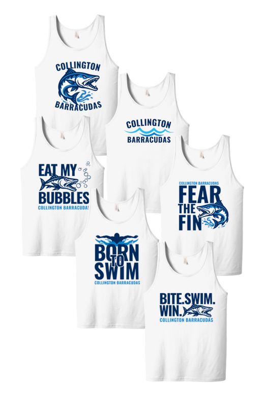 Collington Barracudas Unisex Jersey Tank Top - White - 6 Design Options - Youth & Adult Sizes