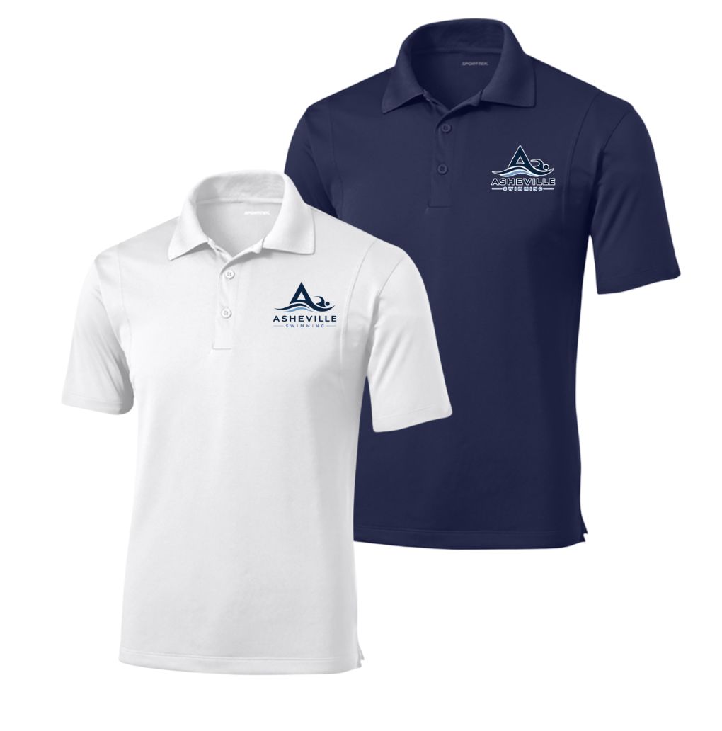 Asheville Swimming Team Embroidered Mens Moisture Wick Polo - White or Navy