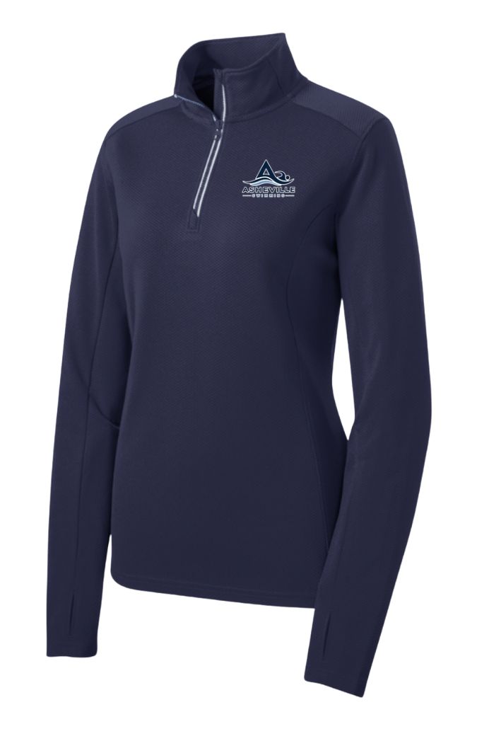 Asheville Swimming Embroidered Ladies Moisture Wicking 1/4 Zip Pull Over - Navy