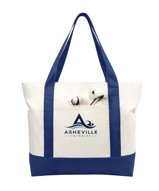 Asheville Swimming Custom Canvas Tote Bag - Navy/Natural - LARGE with ZIPPER - Embroidered Logo