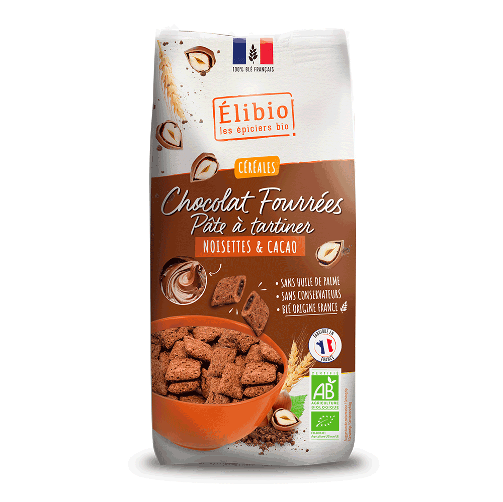 Céréales au chocolat fourrées à la Pâte à tartiner Noisettes et Cacao  ELIBIO 375G