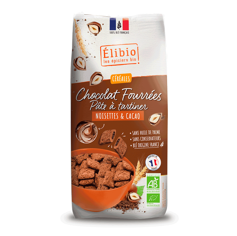 Céréales au chocolat fourrées à la Pâte à tartiner Noisettes et Cacao  ELIBIO 375G