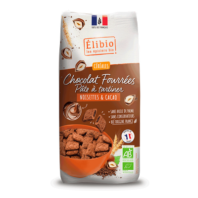 Céréales au chocolat fourrées à la Pâte à tartiner Noisettes et Cacao  ELIBIO 375G