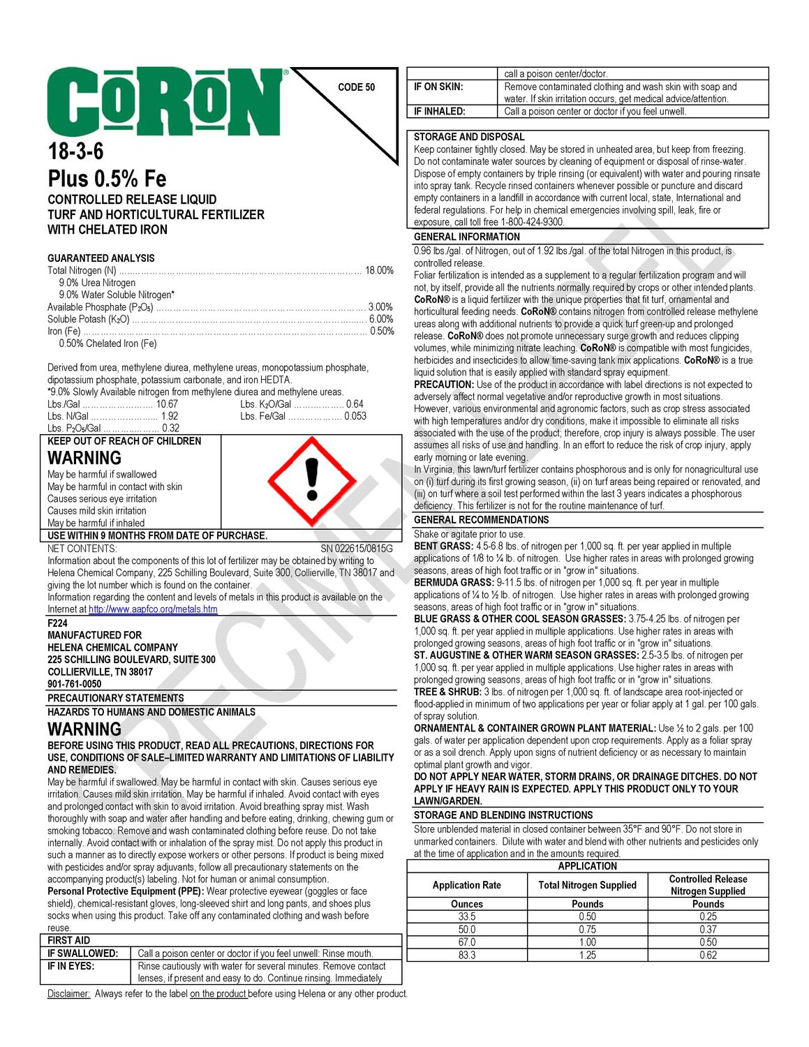 Coron 18-3-6 Fe 50% CRN (Helena Ag)