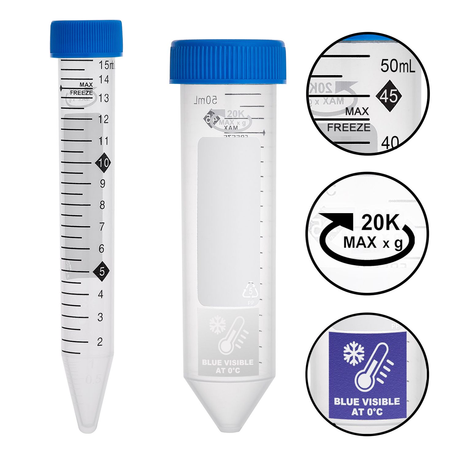 50ml Centrifuge Tubes, High Performance, 20,000g, With Temperature Indicator, Sterile, 25/Resealable Bag, 500/Case, INCT50HP20BK