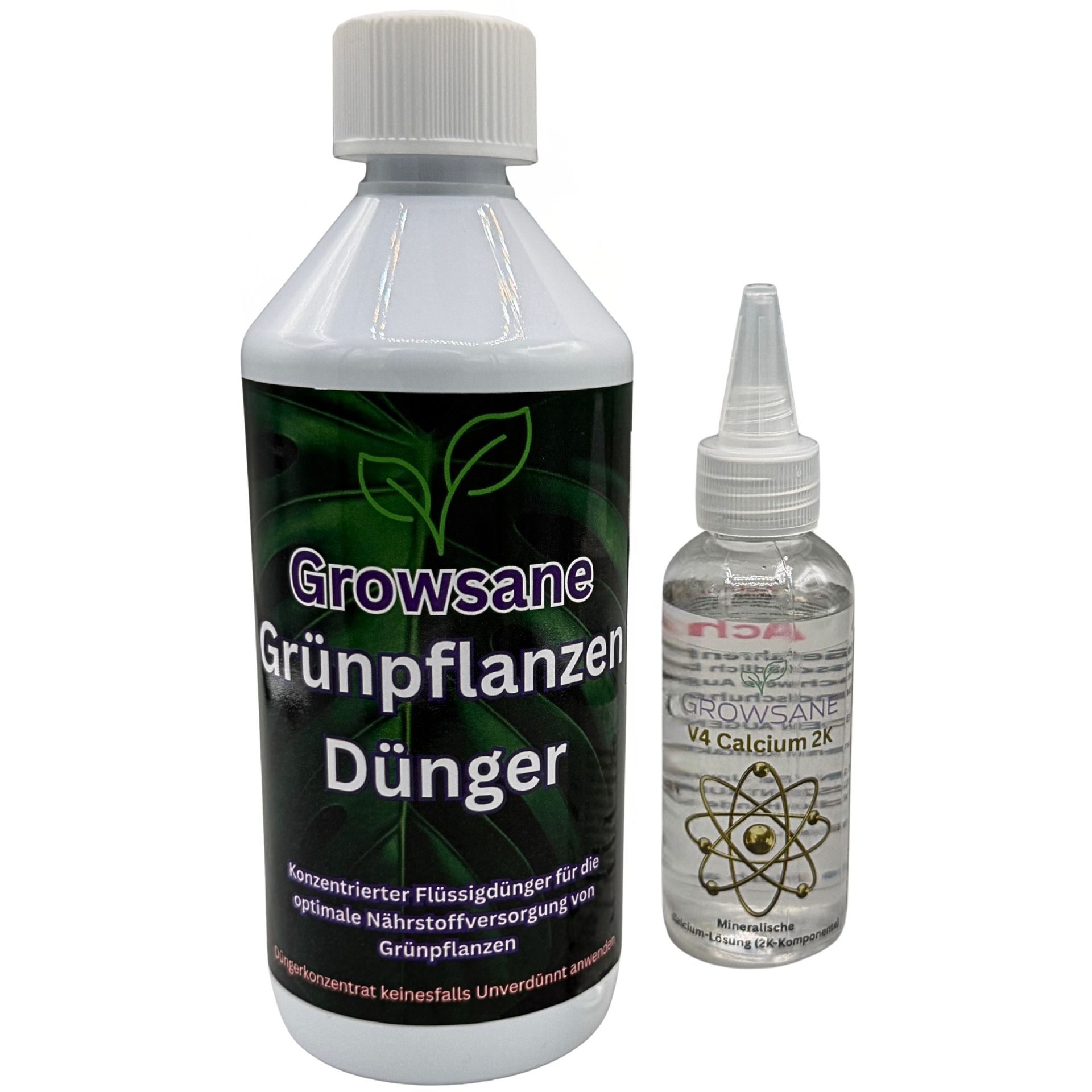 Growsane Grünpflanzendünger, Frontansicht der Flasche auf Weiß