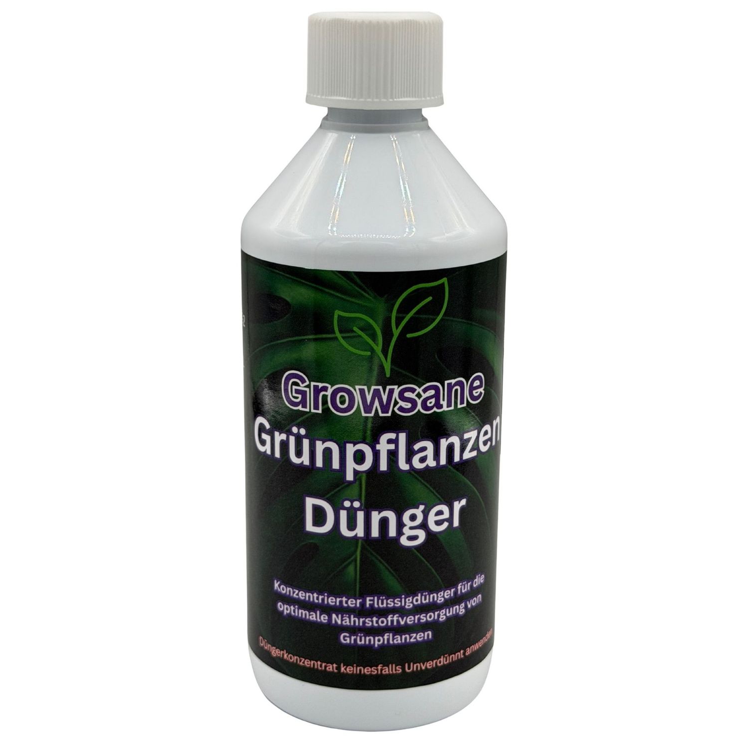 Growsane Grünpflanzendünger, Frontansicht der Flasche auf Weiß