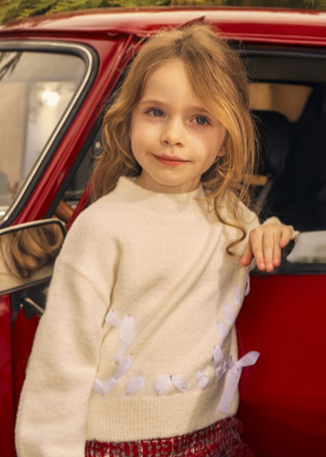 Natural Faux Fur Ribbon Sweater