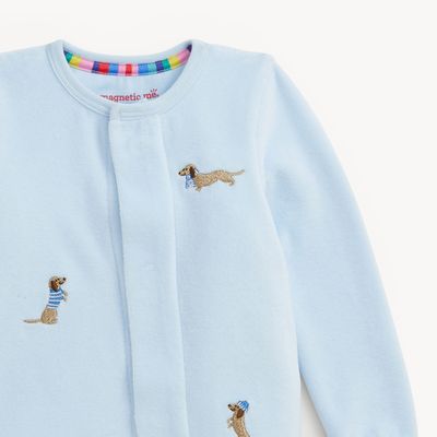 Blue Embroidered Dogs Velour Footie