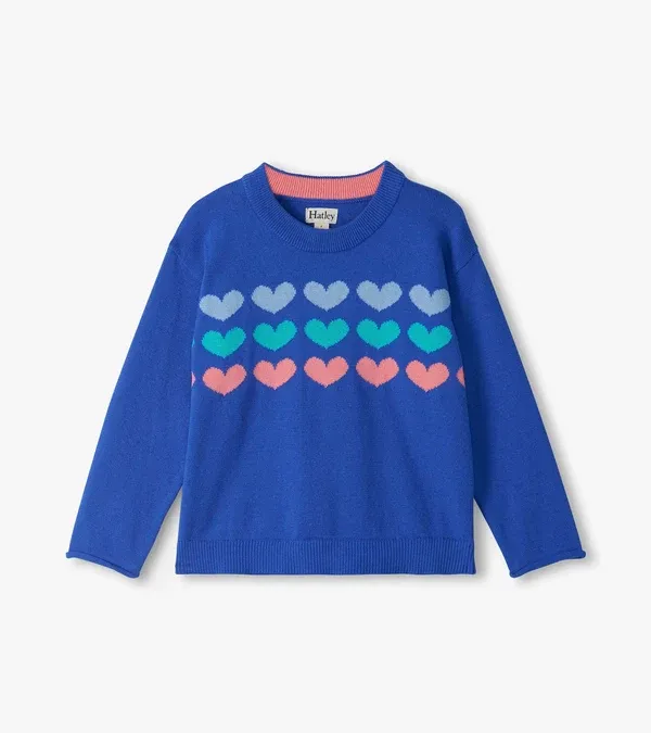 Dazzling Blue Heart Striped Crew Neck Sweater