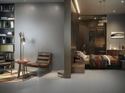 Carrelage rectifié Cifre Ceramica Granite Anthracite mat 100x100 cm pour une chambre moderne.