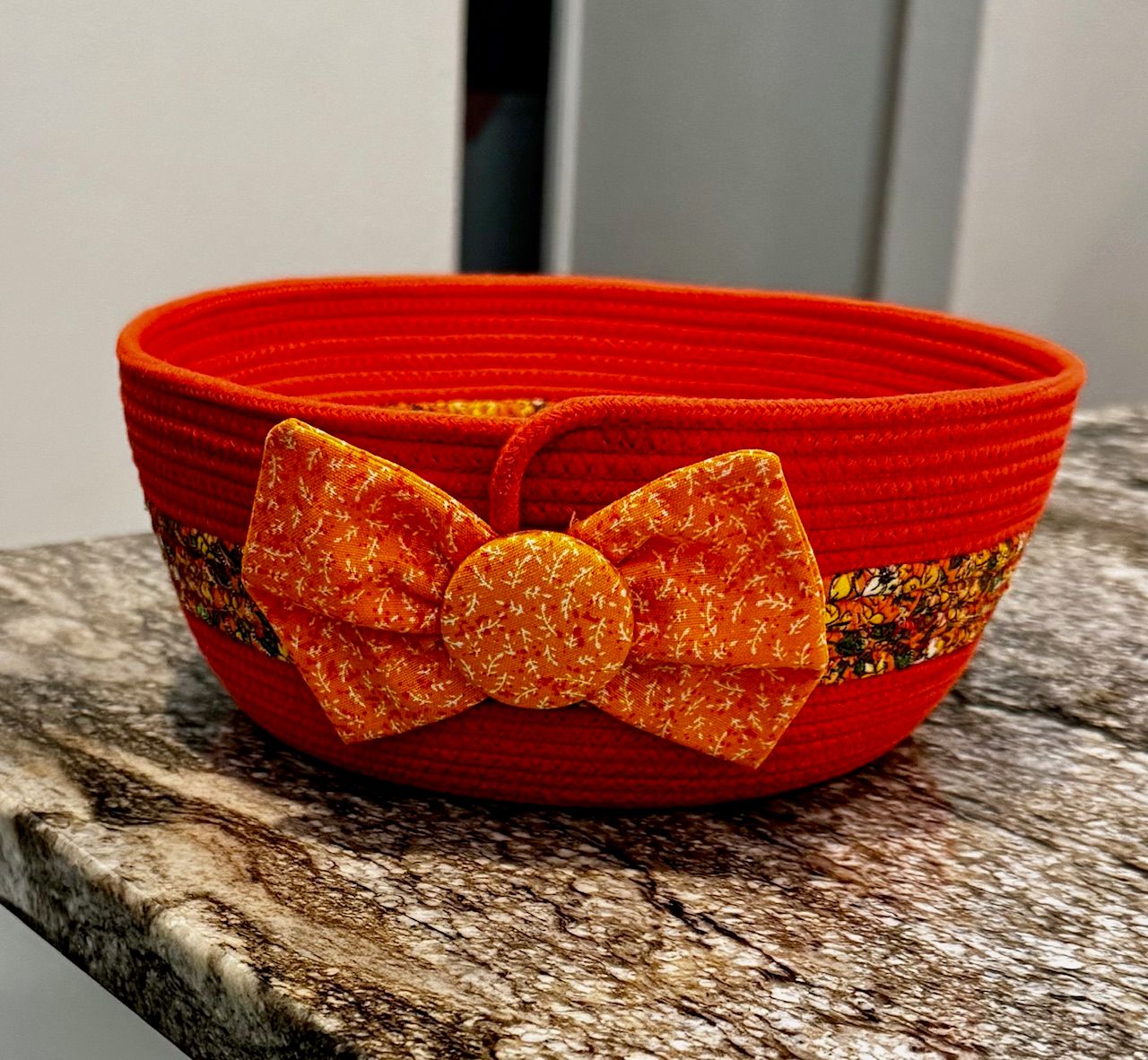 Handmade Reddish Orange Rope Bowl, Floral Fabric with Bow – Decorative Storage Basket