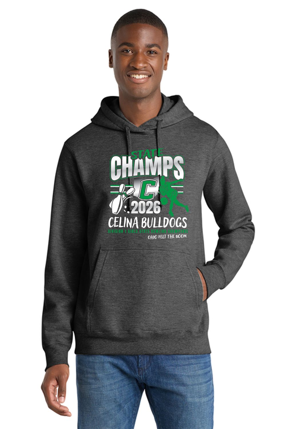 STATE - Port &amp; Co™ Fan Favorite™ Fleece Pullover Hooded Sweatshirt - PC850H- Celina Bowling - 2026, Color: Dark Grey Heather, Size: SMALL