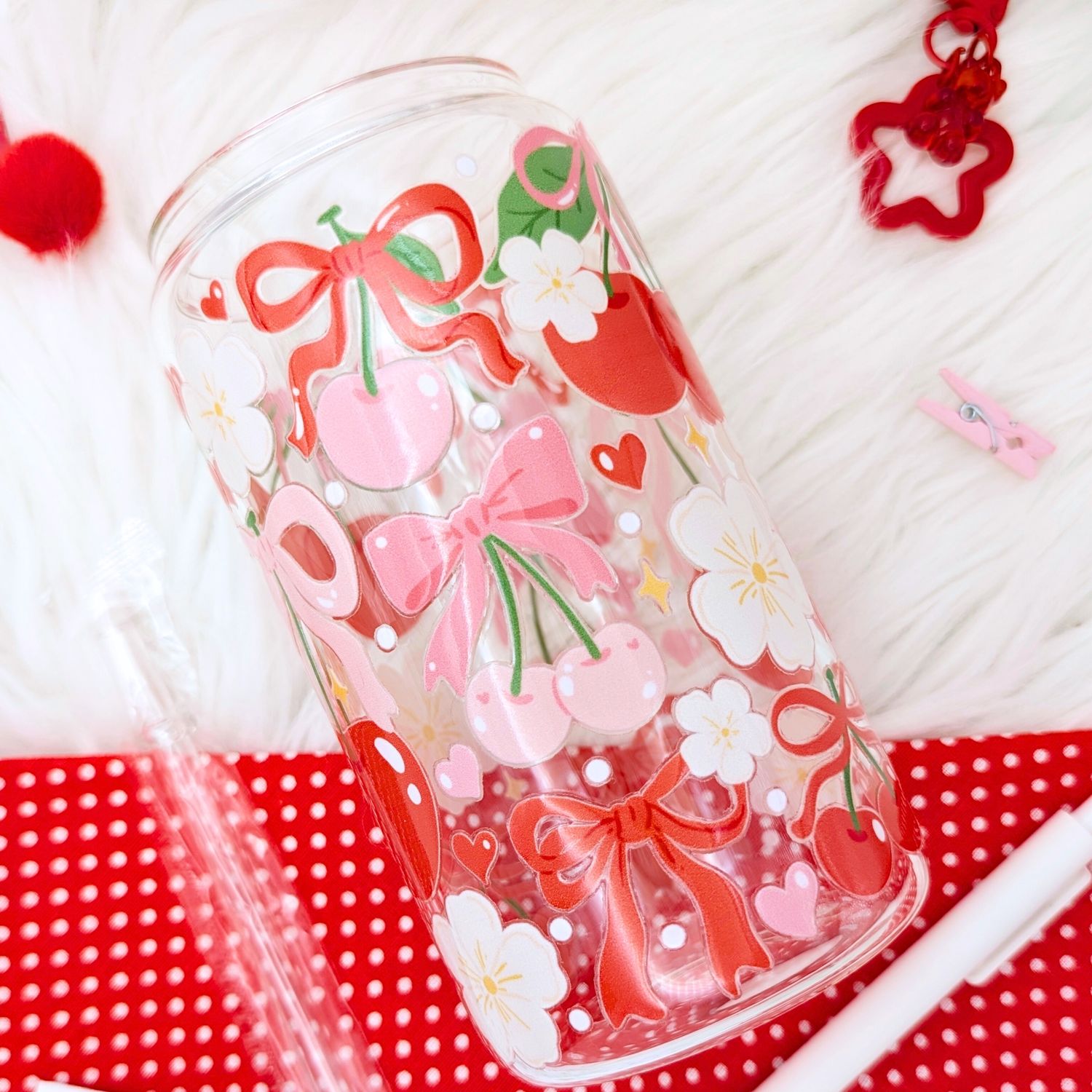 Cherry and Bows Glass Can Cup, Coquette Glass Cup with Lid and Straw