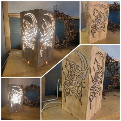 Wolf-LED-Stehlampe (28 cm) – Handgefertigte Natur-Deko mit Diffusor-Licht