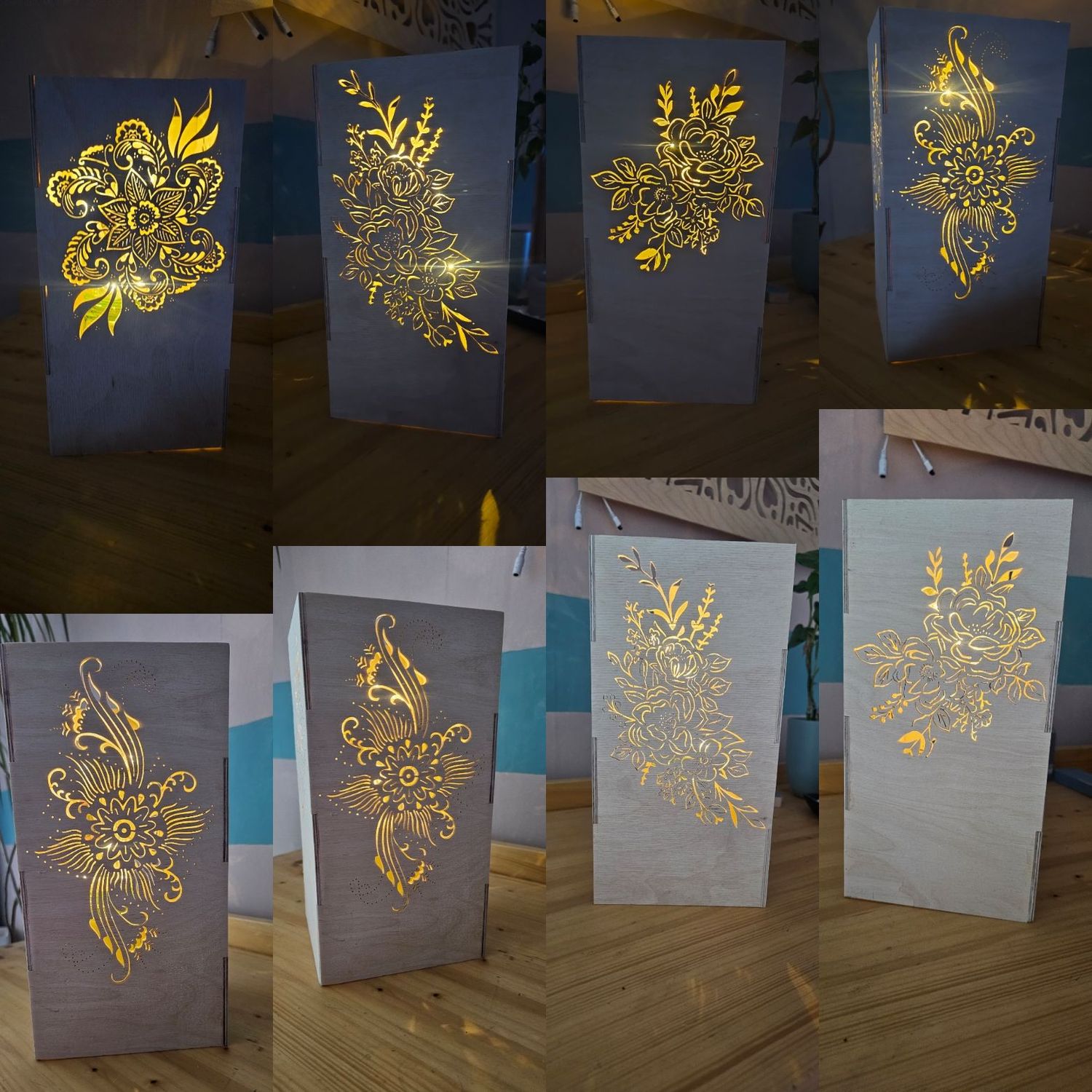 Florale LED-Stehlampe (28 cm) – Handgefertigte Blumendeko aus Birkenholz