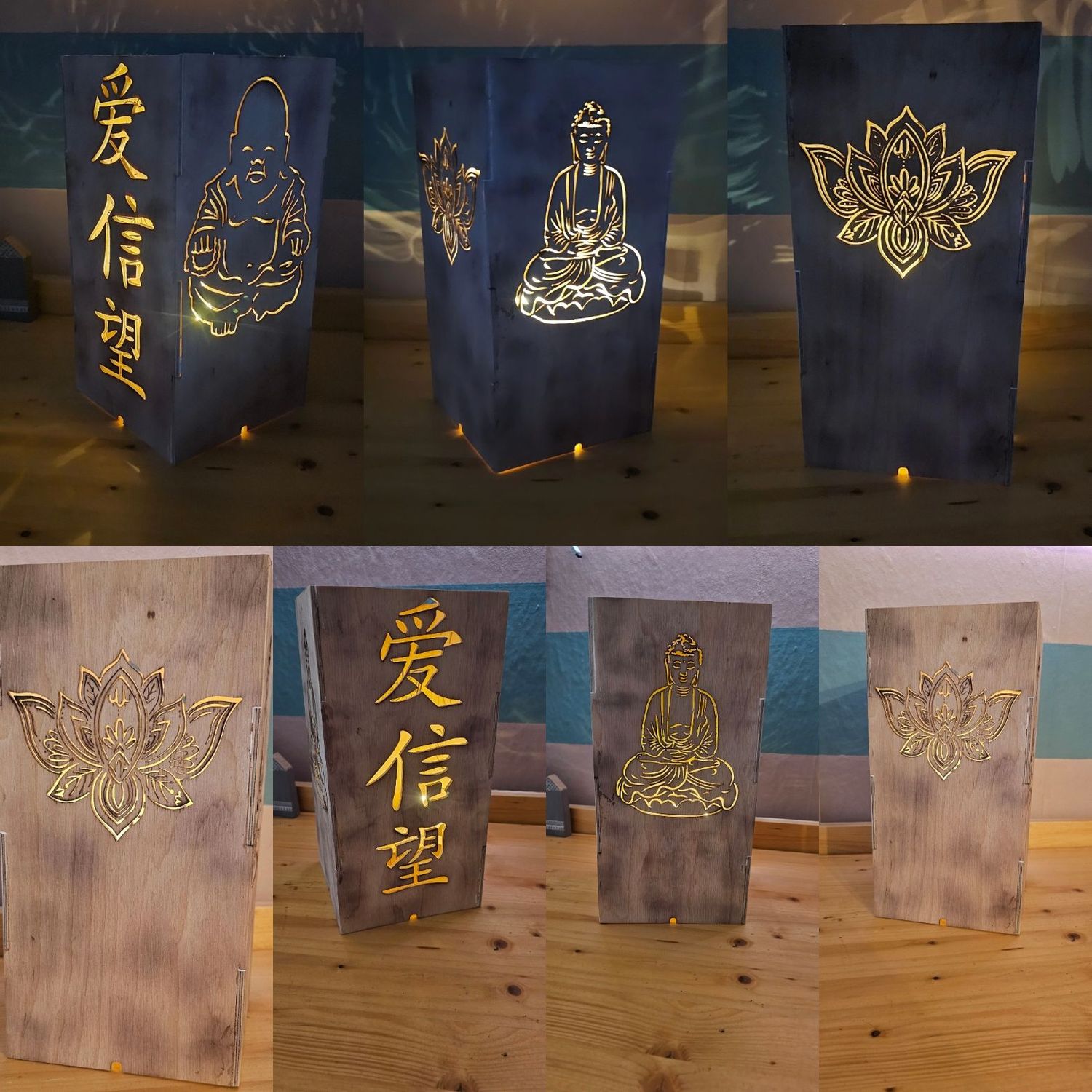 Zen-LED-Stehlampe „Buddha & Lotus“ (28 cm) – Handgefertigte Asia-Deko aus Birkenholz