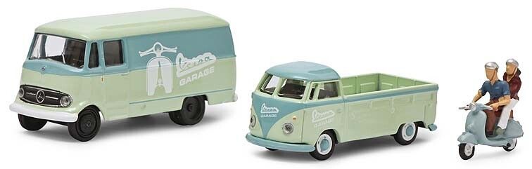 Schuco 1:87 - Vespa set, MB L319, VW T1 Prit. &amp; Vespa + 2 Figuren, MHI