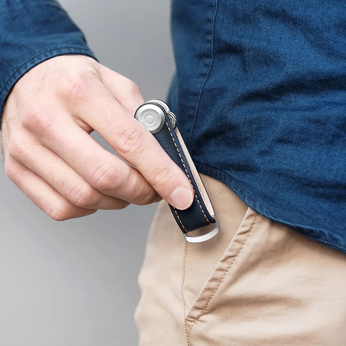Orbitkey 2.0 Key Organizer, Leather Navy with Tan Stitching