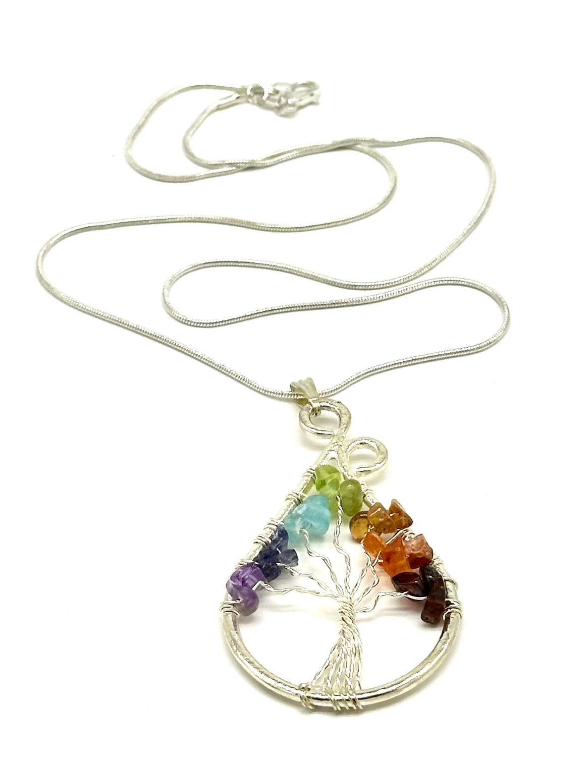 Tree of Life Chakra Tear Drop Crystal Pendant w/18" Silver Plated Necklace