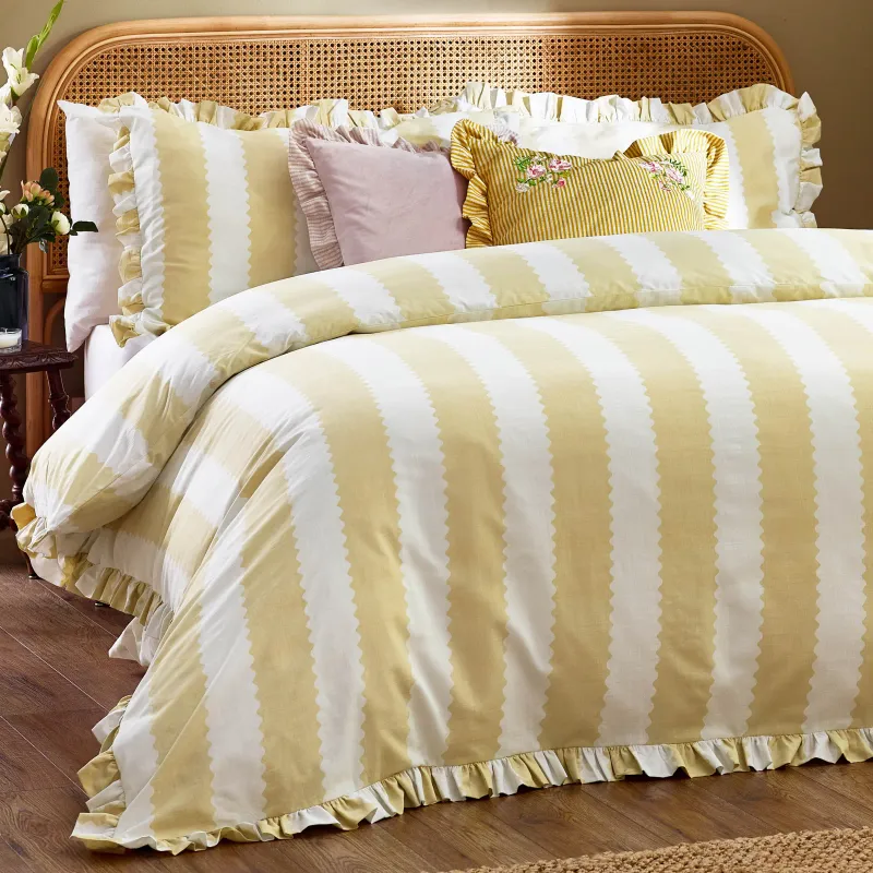 Birdie Stripe Ruffle Duvet Cover Set Butter Yellow