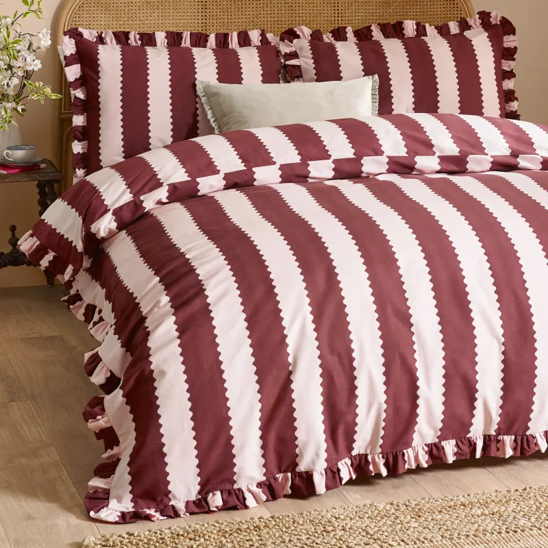 Birdie Stripe Ruffle Duvet Cover Set Burgundy/Blossom