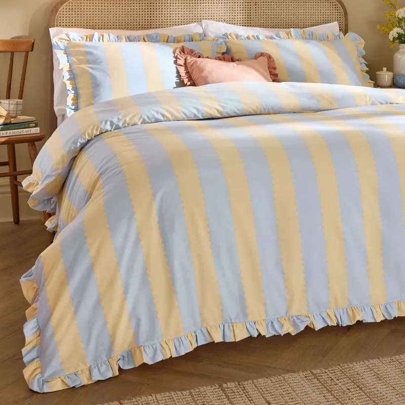 Birdie Stripe Ruffle Duvet Cover Set Lemon/Sky