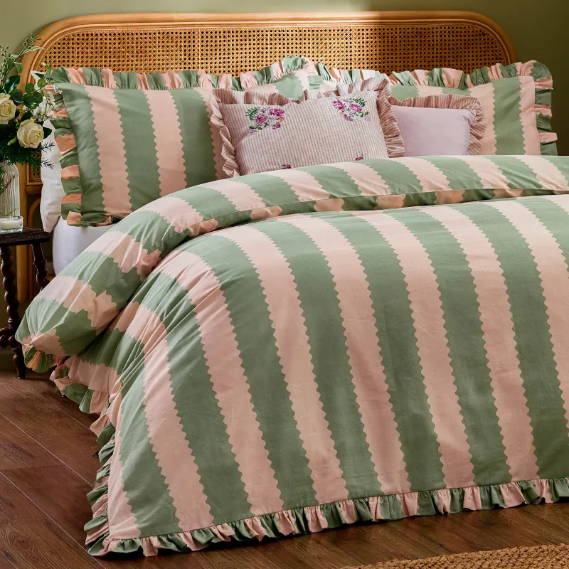 Birdie Stripe Ruffle Duvet Cover Set Pink/Green