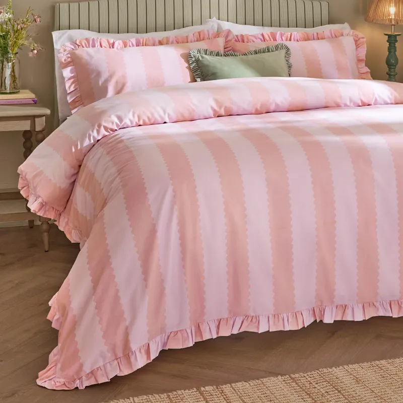 Birdie Stripe Ruffle Duvet Cover Set Pink/Raspberry