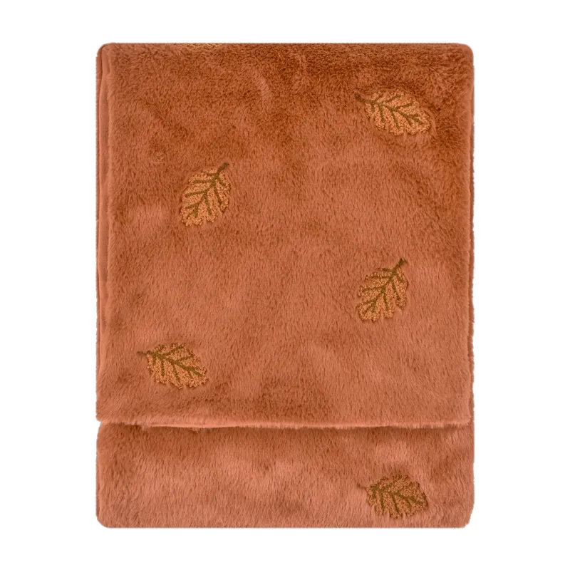 Autumn Trail Embroidered Faux Fur Throw Rust