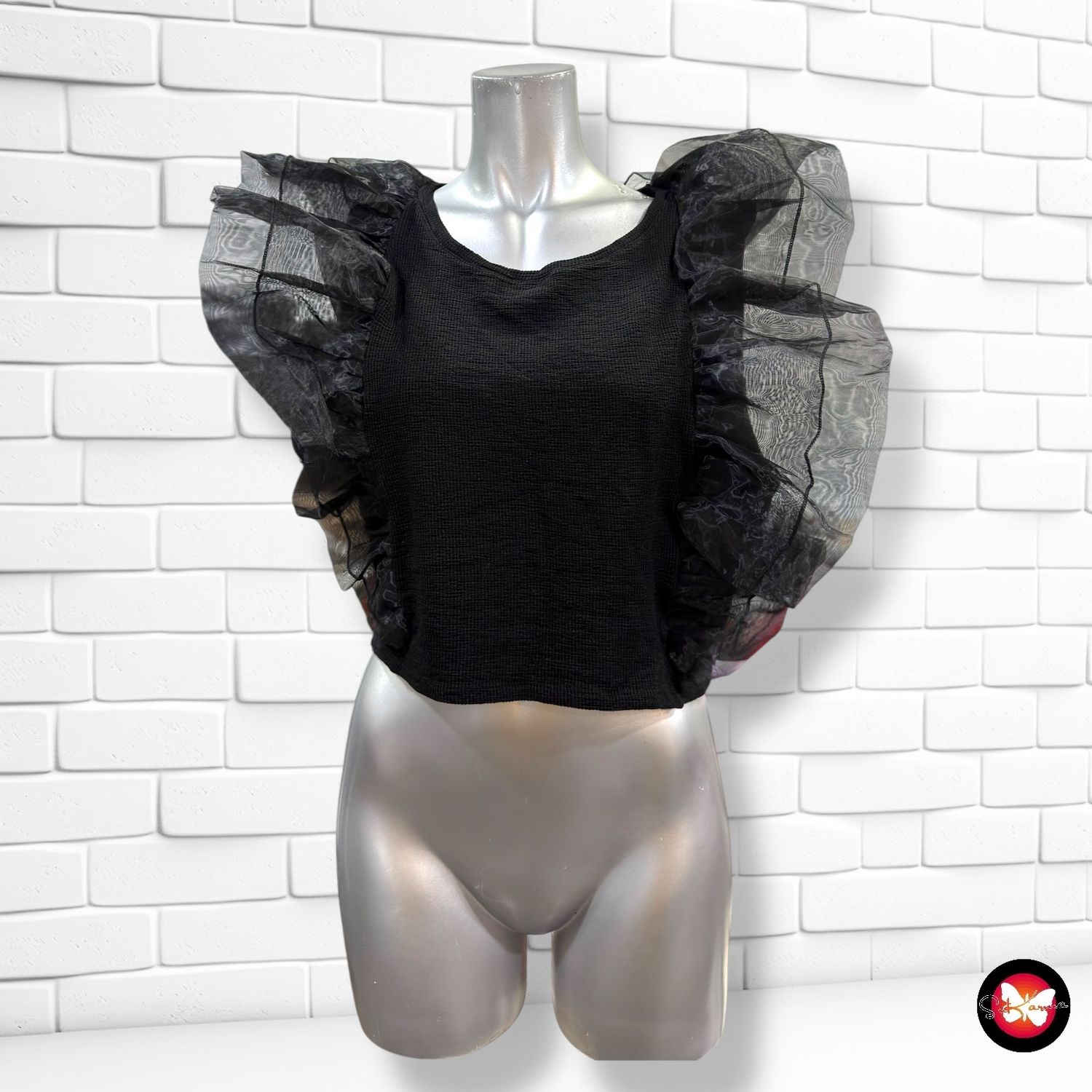 **HOY** Blusa de noche con mangas volantes de gasa ZARA color Negro Talla L