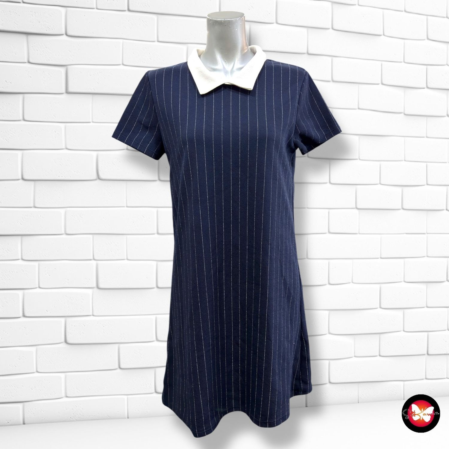 Vestido de manga corta de rayitas con cuello LH color Azul marino y blanco Talla 42