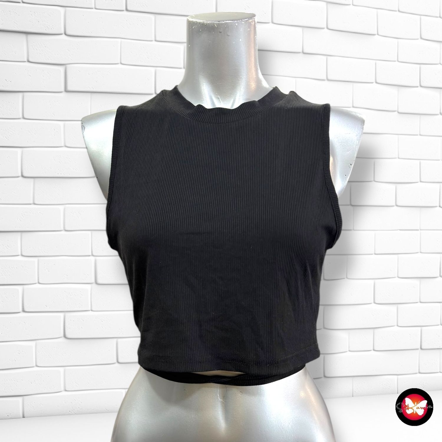**HOY** Camiseta cropped canalé sin mangas SHEIN color Negro Talla L