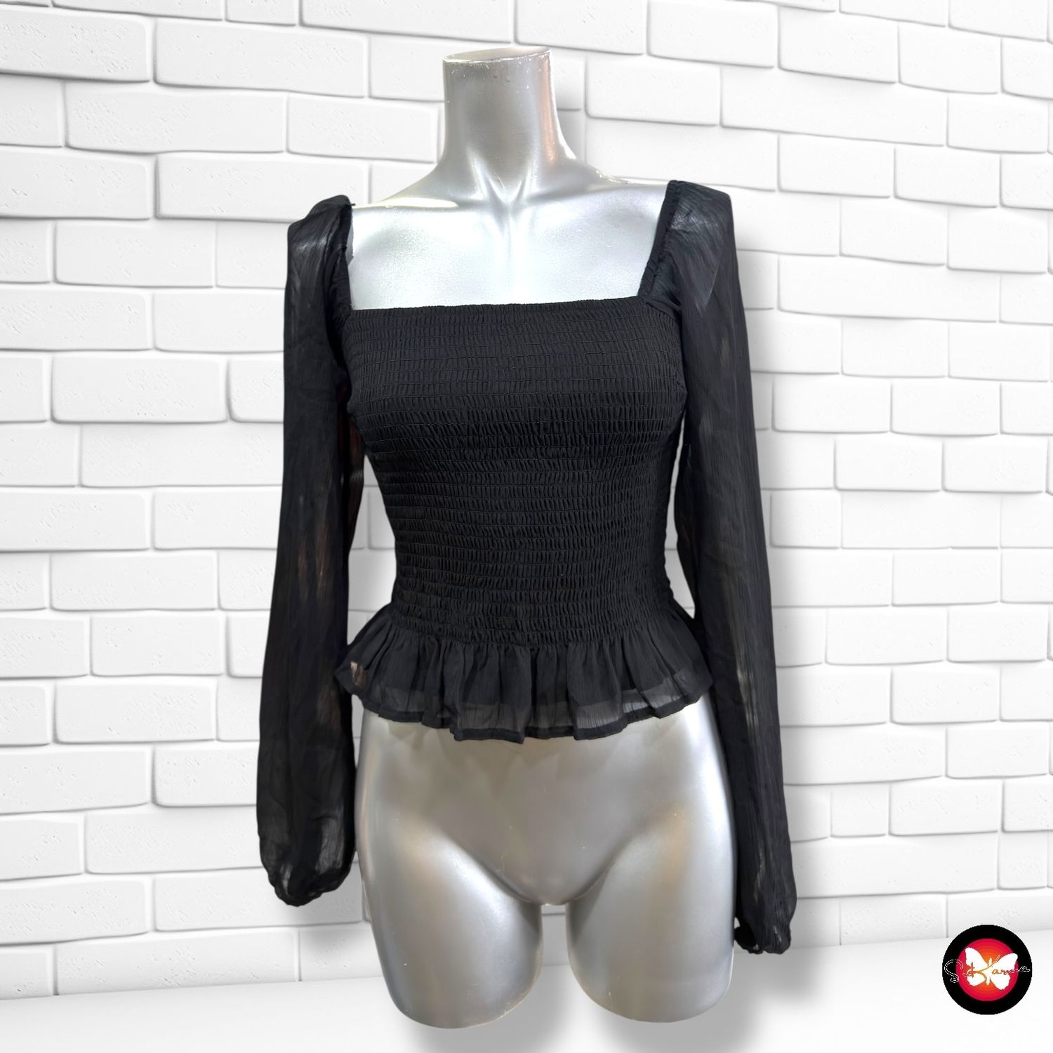 Blusa escote barco con mangas de gasa HOLLISTER color Negro Talla S