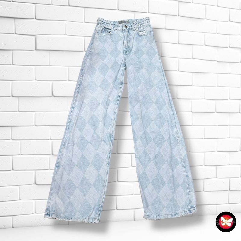 Pantalón ancho de pierna estampado rombos  color Azul vaquero Talla XXS