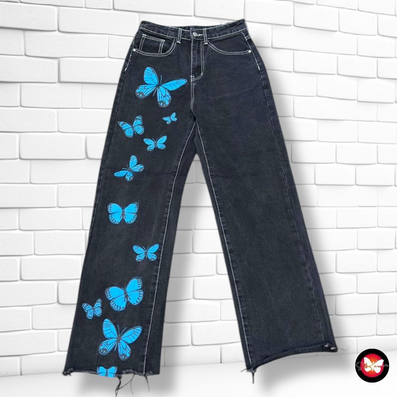 **HOY** Pantalón ancho de pierna con mariposas SHEIN color Negro vaquero Talla S